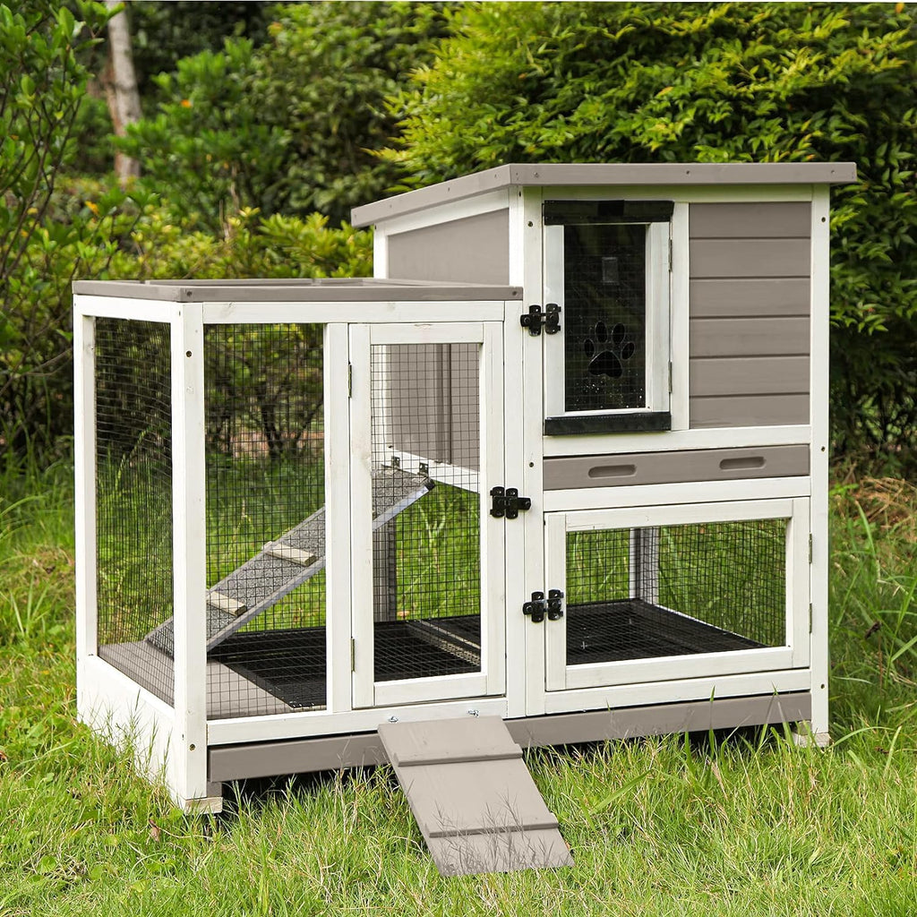 Indoor Outdoor Rabbit Hutch, Bunny Cage on Wheels with 2 Deep No Leakage Pull Out Trays (Mocha Color)