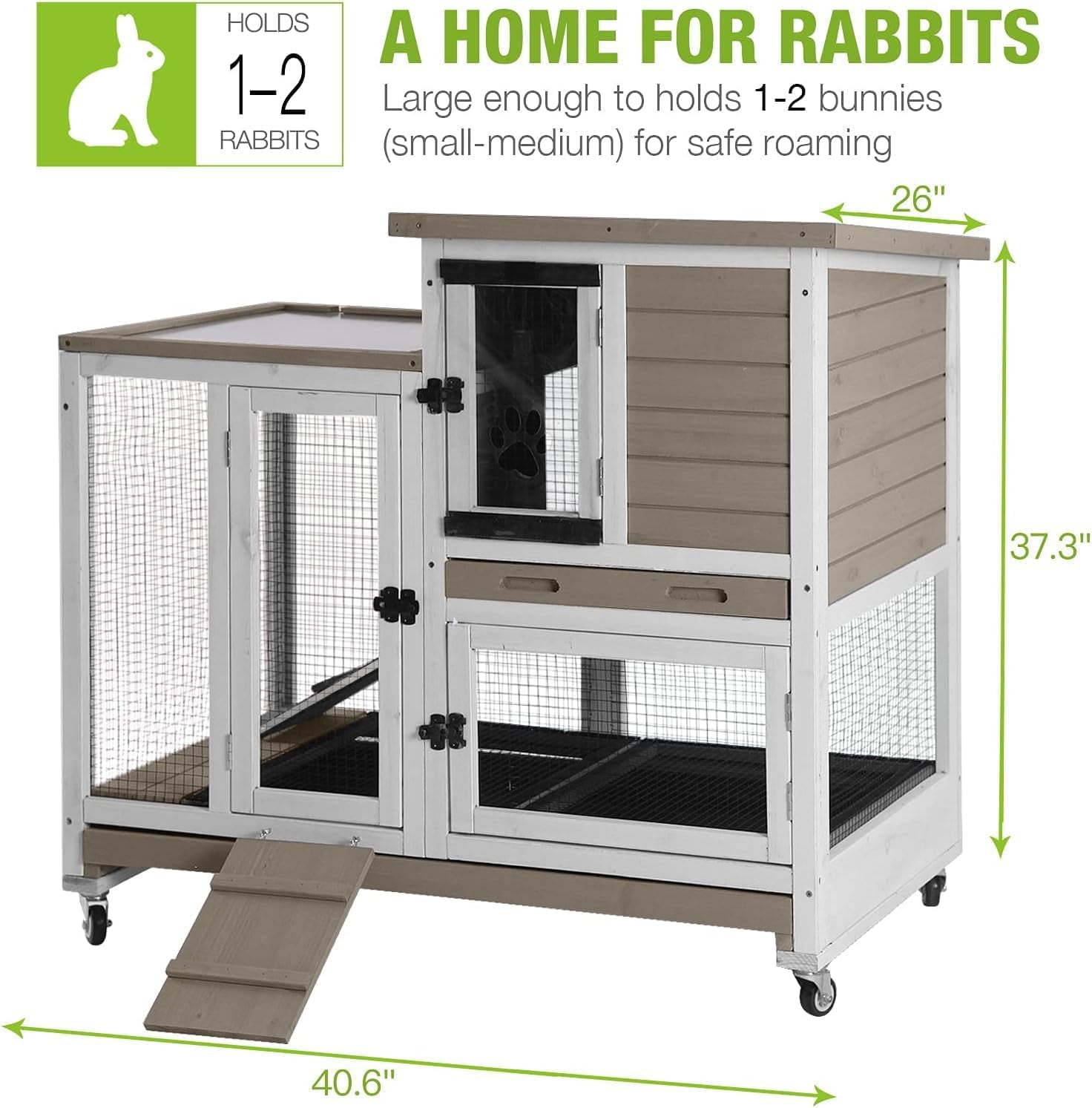 Indoor Outdoor Rabbit Hutch, Bunny Cage on Wheels with 2 Deep No Leakage Pull Out Trays (Mocha Color)