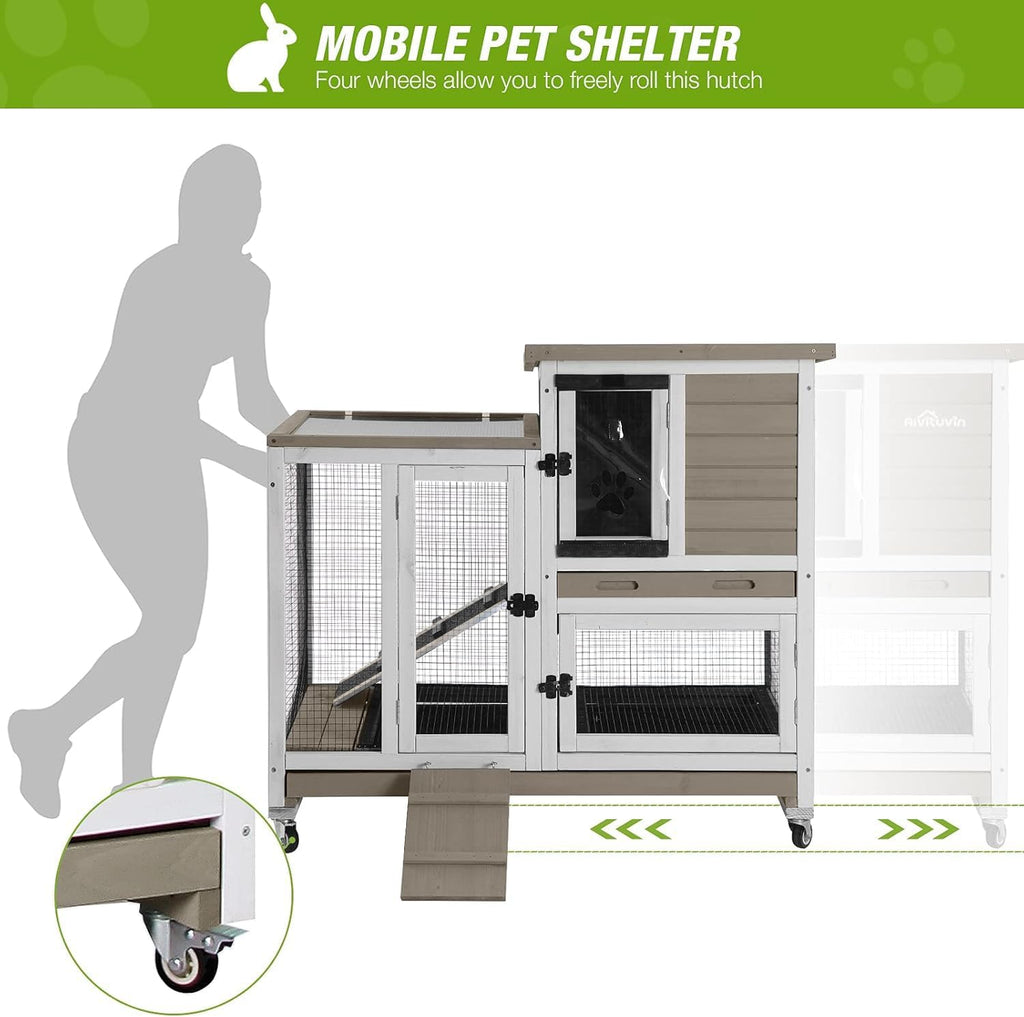 Indoor Outdoor Rabbit Hutch, Bunny Cage on Wheels with 2 Deep No Leakage Pull Out Trays (Mocha Color)