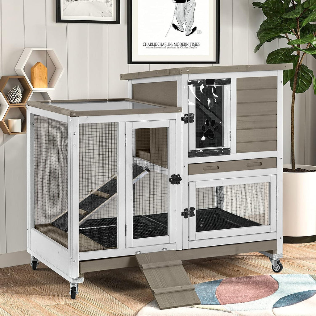 Indoor Outdoor Rabbit Hutch, Bunny Cage on Wheels with 2 Deep No Leakage Pull Out Trays (Mocha Color)