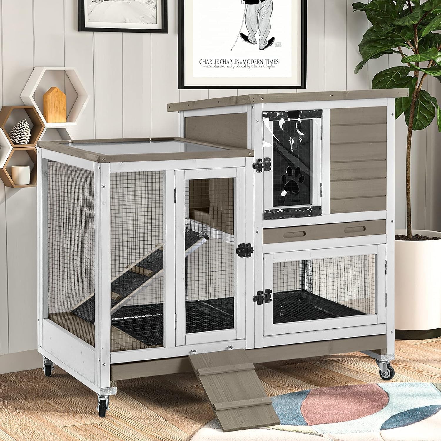 Indoor Outdoor Rabbit Hutch, Bunny Cage on Wheels with 2 Deep No Leakage Pull Out Trays (Mocha Color)