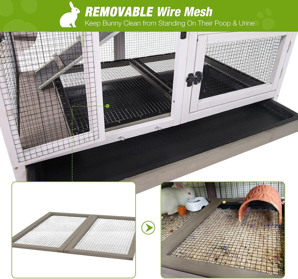 Indoor Outdoor Rabbit Hutch, Bunny Cage on Wheels with 2 Deep No Leakage Pull Out Trays (Mocha Color)
