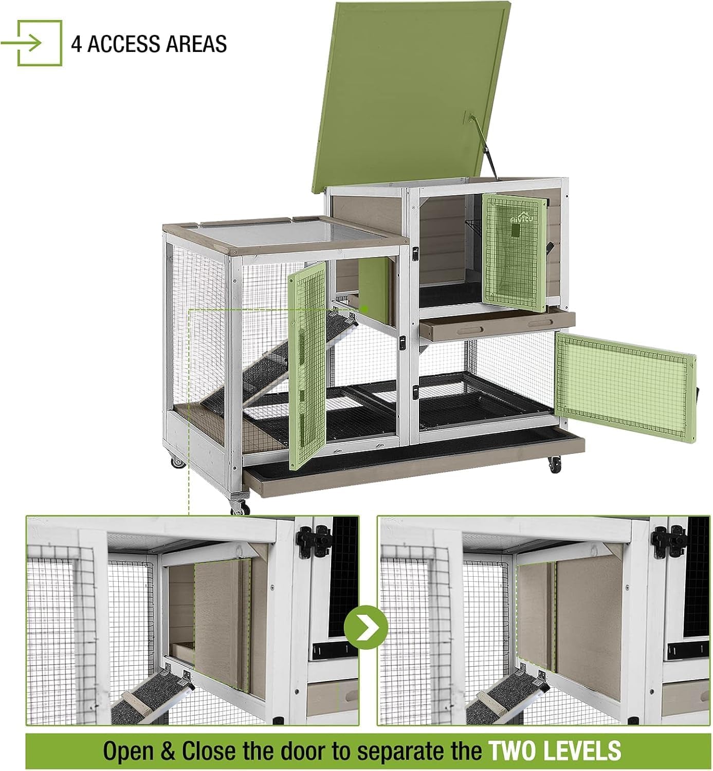 Indoor Outdoor Rabbit Hutch, Bunny Cage on Wheels with 2 Deep No Leakage Pull Out Trays (Mocha Color)